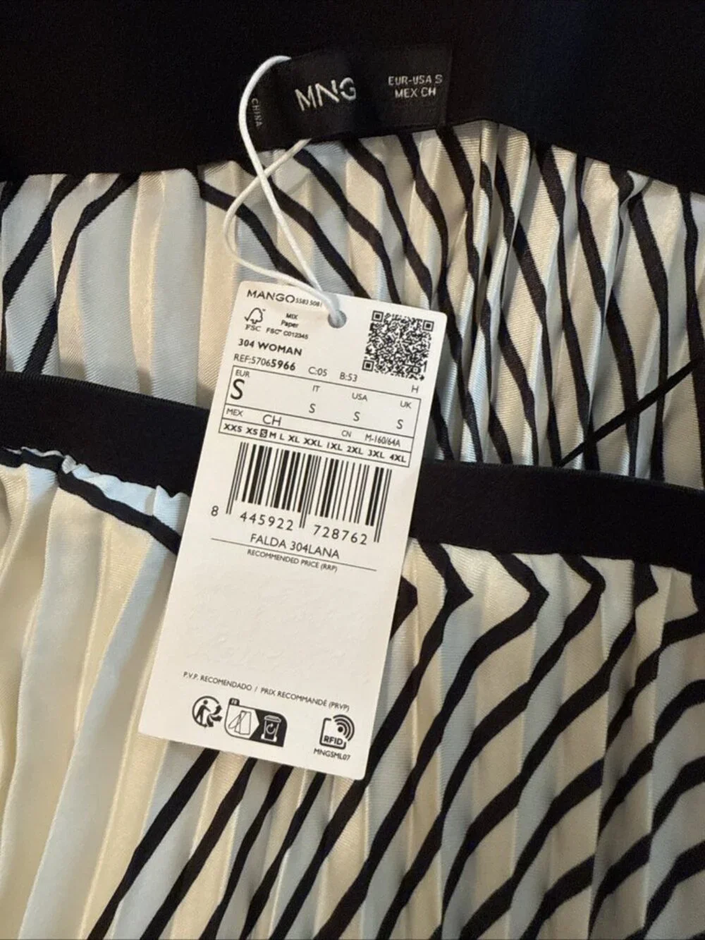 Mango Black & White Accordion Pleated Long Skirt With Belt Size S NEW WITH TAGS